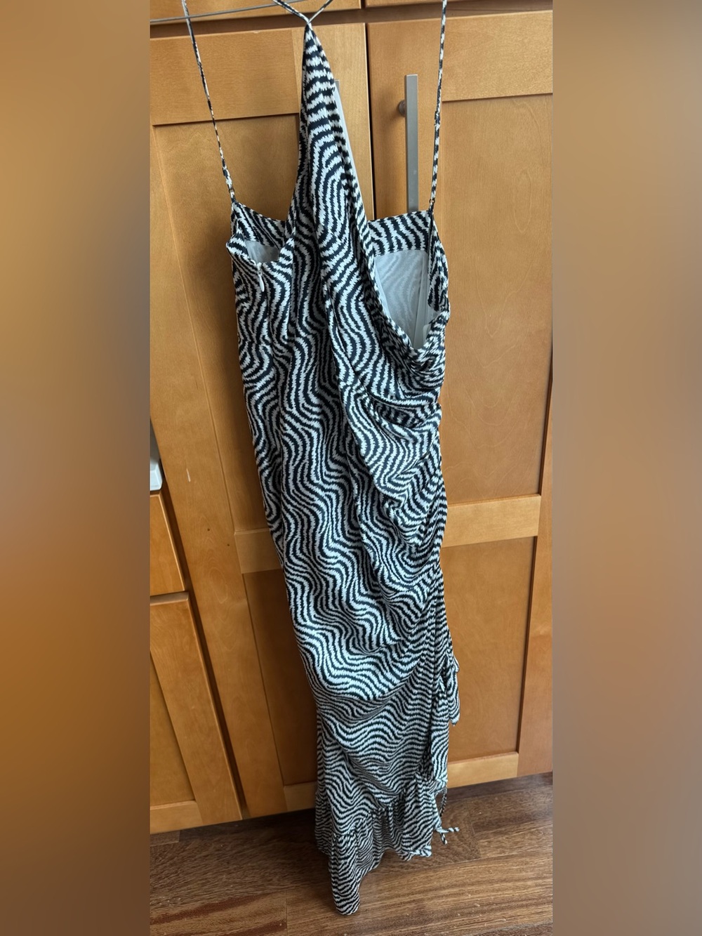 Cinq à Sept Black & White Wave Print Slip Dress with Cowl Neck